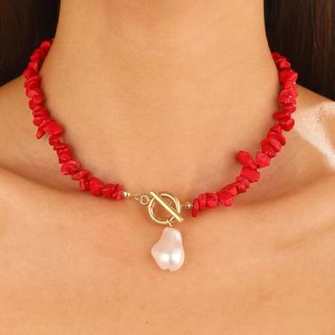 Imagem de 1 colar de pérolas vermelhas com contas esmagadas, lascas irregulares de pedras preciosas intercaladas com pérolas cultivadas lustrosas, gargantilha boho em camadas para data, joia leve com fio de mão