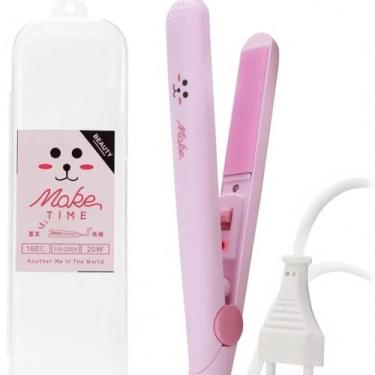 Imagem de Make Time Mini Chapinha Portátil, Rosa, Bivolt 110-220V, 20W, Prancha Alisadora de Cabelo com Design de Urso, Temperatura 160°C