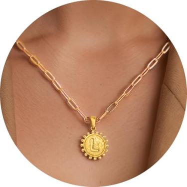 Imagem de Colar com inicial para mulheres, colar com pingente de letra, corrente de clipe de papel, joia de monograma, moeda do alfabeto, pronto em camadas, 14+2in, Aço inoxidável, Sem Pedra Preciosa