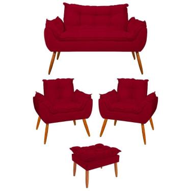 Imagem de Kit 02 Poltronas + Sofá 2 Lugares Com Puff Opala Balaqui Vermelho