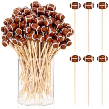 Imagem de 50 palitos de futebol americano, palitos de coquetel de futebol de 12 cm para aperitivos, palitos de bambu longos, espetos decorativos para decorações de festas de aniversário (futebol 3D)