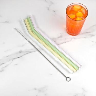 Imagem de Generic 1 conjunto de canudos, 4 canudos reutilizáveis com escova de limpeza, lavável à mão, vidro borossilicato alto, verde, amarelo, rosa, transparente, 20 x 0,8 cm