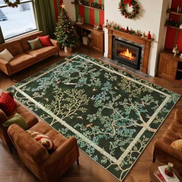 Imagem de jinchan Tapetes botânicos de 20 x 25 cm verde musgo para sala de estar - lavável, antiderrapante, macio, natureza, plantas, tapete infantil moderno, ultrafino, vintage, de pelo baixo, para quarto