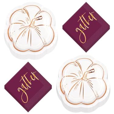 Imagem de Pratos de jantar de papel metálicos em forma de abóbora de Ação de Graças modernos e junte guardanapos de almoço para festas de outono e refeições de Ação de Graças (serve 16 pessoas)