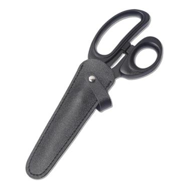 Imagem de YJSStriving Tesoura multiuso de 20 cm com aderência confortável para acessórios de mesa de escritório, tecido de costura, artesanato doméstico com uma capa protetora de couro, preta