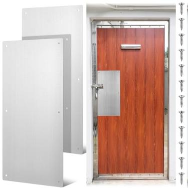 Imagem de Blulu Placa de pressão de proteção de porta de metal de aço inoxidável com parafusos, placas de chute de porta escovadas para acessórios externos e resistentes a arranhões (2 peças, 40,6 x 20,3 cm)