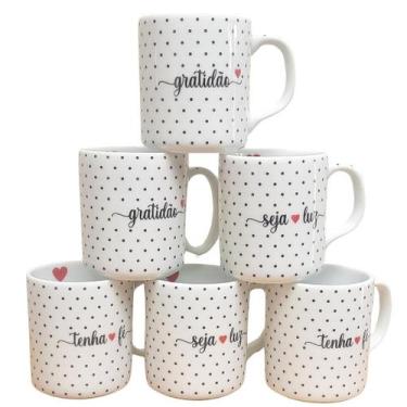 Imagem de Jogo de 6 Canecas de 300ml com Frases Motivacionais - Poá Preto - Anti