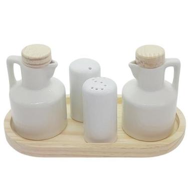 Imagem de Kit Galheteiro 5 Peças - Azeite, Vinagre, Sal e Paliteiro - Porcelana 