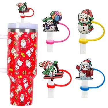 Imagem de 4 peças de capa de canudo de copo Stanley de Natal 10 mm bonito boneco de neve topos de palha capas de silicone reutilizáveis capas de ponta de silicone decorações de boneco de neve de inverno
