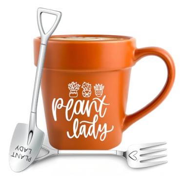 Imagem de Caneca de café Plant Lady com pá colher e garfo, presentes engraçados de jardinagem para mulheres, presente de amante de plantas para mãe avó, presente de jardineiro fofo com trocadilhos de plantas