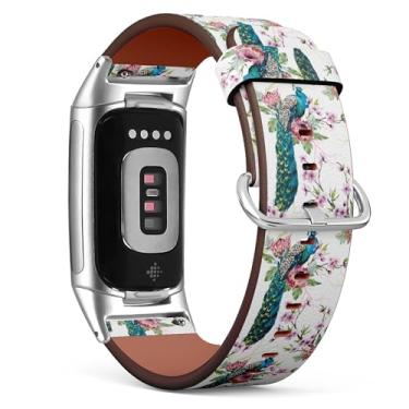 Imagem de Pulseira de relógio de couro de substituição compatível com Fitbit Charge 5/Fitbit Charge 6 (pavão em aquarela na árvore), pulseira para smartwatch para mulheres e homens