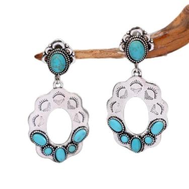 Imagem de Brincos femininos banhados a prata vintage boho turquesa incrustada design oco para festas noturnas uso diário joia leve brinco presente para ela