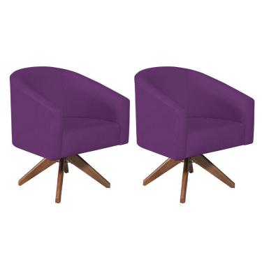 Imagem de Kit 02 Poltronas Decorativas Luiza Base Giratória De Madeira Suede - Doce Sonho Móveis Roxo
