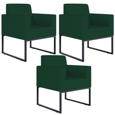 Imagem de Kit 03 Poltronas Base Fixa Metal Helô L02 Suede Verde Musgo