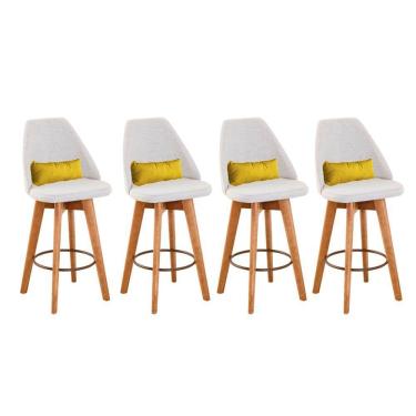 Imagem de Kit 04 Banquetas Alta Maya Giratória Com Encosto Gourmet Linho Bege e Almofada Corino Amarelo - Aurora Line