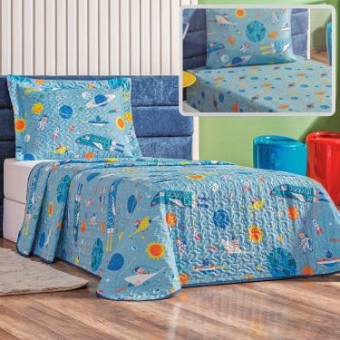 Imagem de Enxoval Kit Colcha + Jogo De Cama Lençol Bouti Solteiro Infantil Kids 4 Peças - Astronauta