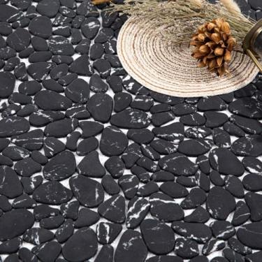 Imagem de Diflart Azulejo de seixo para piso de chuveiro, veias ovais de mármore preto, fundo de seixos para cozinha, banheiro, parede e piso