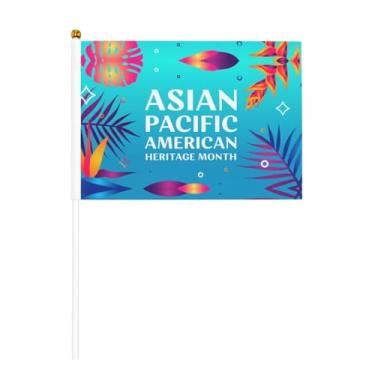 Imagem de Bandeiras do mês asiático-americano e das ilhas do Pacífico, mini bandeira portátil pequenas bandeiras de mesa de seis peças 14 x 21 cm com mastro para festivais, eventos e festas