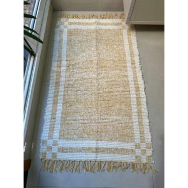 Imagem de Tapete Artesanal Rústico em Algodão, Preto e Branco, Design Listrado com Franjas, Estilo Boho para Sala de Estar e Quarto (Mostarda)