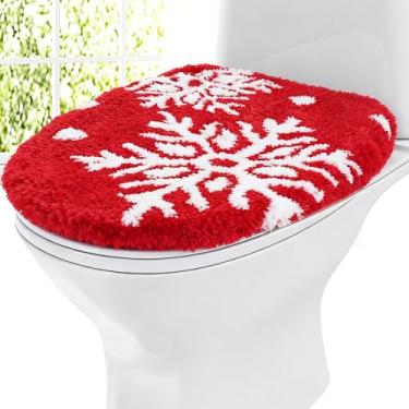 Imagem de FYSUIMU Capa de assento de vaso sanitário de Natal vermelho branco inverno floco de neve macio tampa de vaso sanitário com suporte de borracha ajustável para decoração de festa de banheiro, Natal