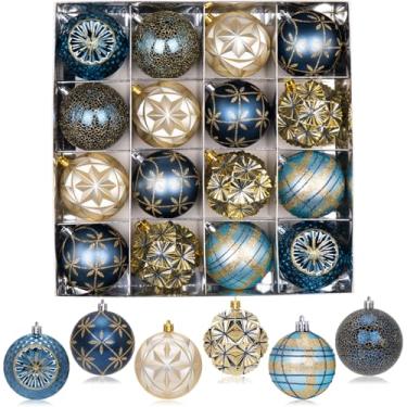 Imagem de Conjunto de enfeites de bola de Natal de ouro azul de 8 cm, lâmpadas grandes penduradas à mão pintadas à mão de 16 quilates, a granel para decoração de Natal com grinalda de árvore de Natal