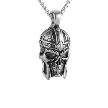 Imagem de Colar masculino retrô com pingente de caveira de capacete de espírito de guerra espartano, material de aço inoxidável 316L, corrente quadrada de pérola de aço inoxidável prata, presente de joia
