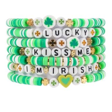 Imagem de Conjunto de pulseiras de Dia de São Patrício Trevo Heishi com contas elásticas Amizade Irlandesa Empilhável Pulseira Ajustável para Mulheres Festivais Festa Joias, One Size, Vidro Cristal Plástico,