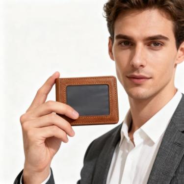 Imagem de Carteira masculina durável de couro bronzeado, carteira dupla clássica com compartimentos para cartão e compartimento para notas, presente elegante para homens, Marrom C, Atemporal