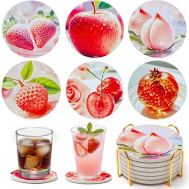 Imagem de Conjunto de 6 porta-copos de cerâmica com suporte, melhor porta-copos absorvente, conjunto de porta-copos de mesa de cerâmica redonda, decoração de xícara de café decorativa, melhor presente