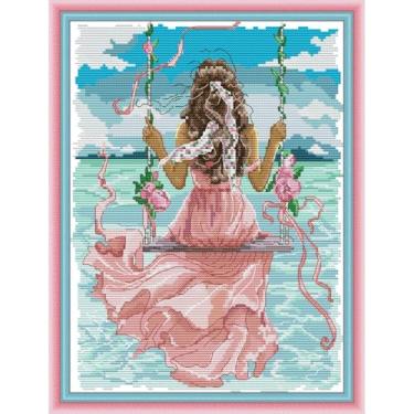 Imagem de Threadhaven Kit de ponto cruz, conjunto completo de bordado Aida de 14 quilates, com tecido, linhas, agulhas e tabela, design premium para meninas bonitas para adultos e iniciantes - Garota com vista