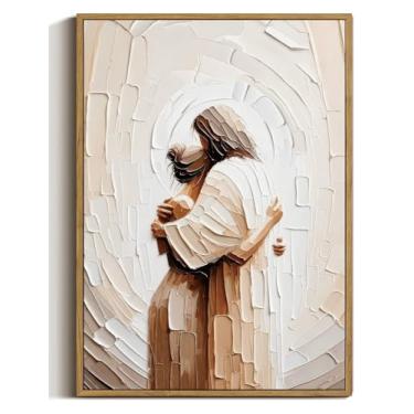 Imagem de ZZTCYSU Arte de parede em tela Jesus Arte de parede emoldurada cristã mulher deitada com segurança nos braços de Jesus impressão bíblica moderna fé religiosa arte de Deus para sala de estar quarto