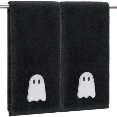 Imagem de EraGleeVibe 2 peças de toalhas de mão bordadas fantasma de Halloween toalha de algodão preto branco para casa de banho Kithcen Fantasma toalhas de banho presente 13,4 x 29,5 polegadas