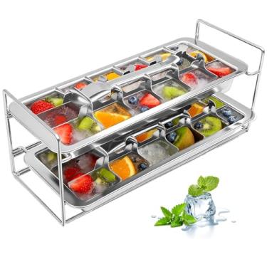 Imagem de Bandeja de cubo de gelo de aço inoxidável, 2 camadas, 36 compartimentos, forma de gelo com alavanca de liberação para freezer, cozinha, coquetel, uísque (2 camadas)