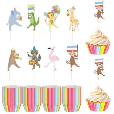 Imagem de Potchen 48 Set Safari Cupcake Toppers Animal Parade Cupcake Kit Safari Woodland Jungle Cake Decorations for Jungle Theme Baby Shower Zoo Wild Animal Birthday Party Supplies
