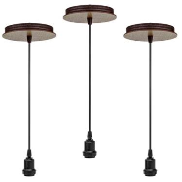 Imagem de Kit 3 Canopla Em Madeira Mdf Fio 1 Metro Pendente De Teto Sala Quato Lustre Modelo Retro | Soquete E-27 Bivolt 110/220V
