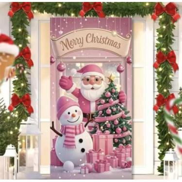 Imagem de Capa para Porta Feliz Natal Rosa com Elástico – Painel Decorativo Feliz Papai Noel Tecido Premiun (2,10 Cms X 0,85 Cms) (28)