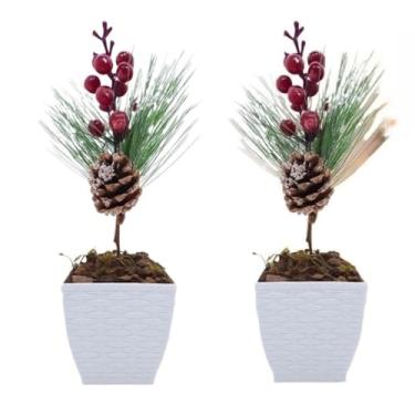 Imagem de Vaso Decorativo - Conjunto Elegante 2 Vasos Natalinos 9.5x7cm | Com Pinha e Galhos Nevados para Decoração de Sala e Mesa de Natal(Vaso Rattan)