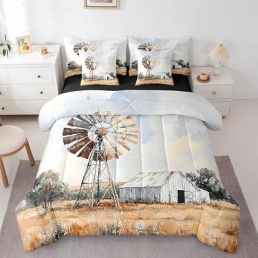 Imagem de Erosebridal Conjunto de edredom de casa de fazenda com 7 peças, cama rústica com moinhos de vento para adolescentes e adultos, tamanho casal para crianças, meninos, meninas, chalé, celeiro, 7 peças