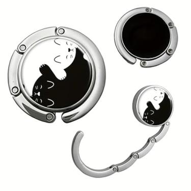Imagem de Gancho de bolsa de mão de liga de zinco para gatos preto e branco - Gancho dobrável portátil para mulheres, estudantes, presente pequeno, carteira, mesa e mochila escolar