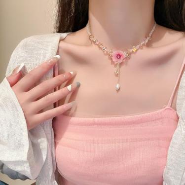 Imagem de Elegante colar de flores rosa para mulheres, imitação de cristal, doce, delicado, ajustável, corrente com pingente, fada, delicada, chique, borla, pingente, gargantilha, joia de praia de verão