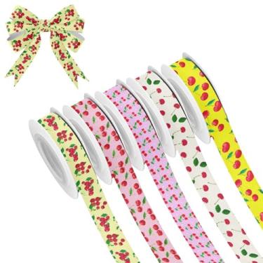 Imagem de SEHANY 5 rolos de fita de Natal 0,59 polegadas 5 jardas fitas de tecido cereja vermelha fitas de cetim festival fitas decorativas de Natal para embrulho de presente faça você mesmo artesanato grinalda