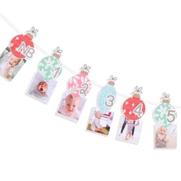Imagem de Banner de foto mensal para bebês de Natal – Ornamento tema NB para guirlanda de 12 meses, exibição de fotos do primeiro ano para aniversário de Natal Onederland, faixa de imagem de recém-nascido a 1