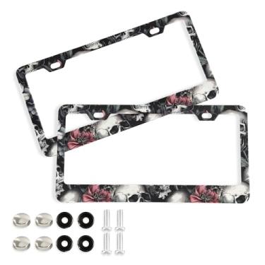 Imagem de SEHANY Molduras de placa de carro vintage rosa crânio, capas de alumínio à prova de ferrugem com furos elípticos e parafusos serve para veículos padrão dos EUA tamanho acessórios de carro para