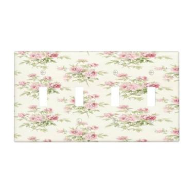 Imagem de Nadoabtm Placa de cobertura de interruptor de luz rosa peônia floral vintage padrão de 4 gangues placa de parede com interruptor quádruplo capa decorativa de placa de interruptor para sala de estar