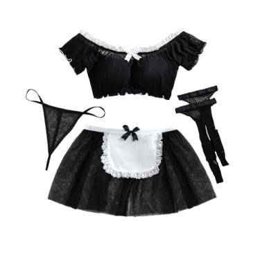 Imagem de Aranmei Lingerie feminina cosplay de malha transparente, conjunto de mini saia com 4 peças com meias P-2GG