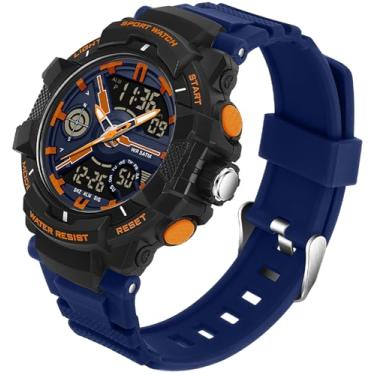 Imagem de Relógios masculinos coloridos esportivos ao ar livre à prova d'água relógio de rosto grande para homens com alarme de LED, data, mostrador duplo, cronômetro laranja, Azul, Casual