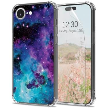 Imagem de Capa transparente para iPhone 16e com protetor de tela de 6,1 polegadas [proteção contra quedas] design galáxia roxa fina mulheres meninas macio TPU transparente [anti-arranhões] [não amarela] capa de