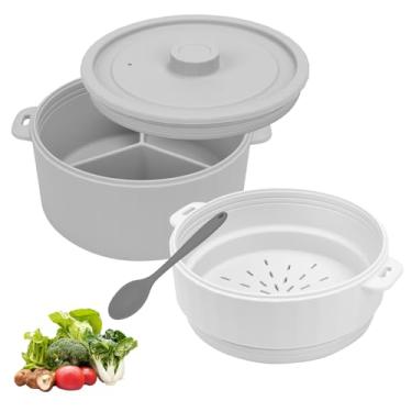 Imagem de BestYiJo Panela de arroz de micro-ondas, panela de macarrão de micro-ondas de 2 camadas e vaporizador para arroz, legumes, quinoa, aveia, ramen – silicone antiaderente (cinza)
