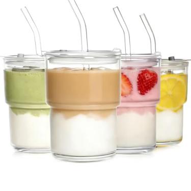 Imagem de AFINSEA Copos de vidro de água de 425 g com canudo e tampa, copos de café gelado reutilizáveis, copo de vidro selado para viagem e festa ao ar livre (4 peças)
