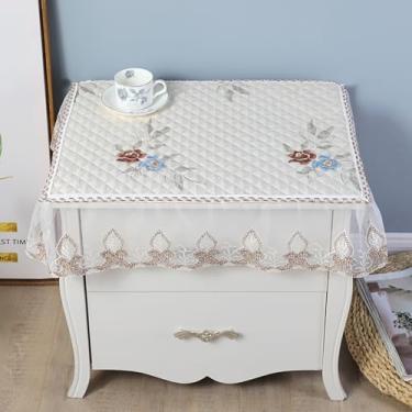 Imagem de Toalha de mesa de cabeceira retangular pequena bordada floral com acabamento em renda capa de mesa de cabeceira rústica de casa de fazenda pano de algodão para decoração de mesa de quarto - bege 40,6